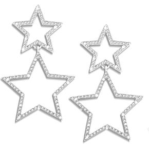 Summer Boho Bow Star Long Tassel Earrings for Women Girls Rhinestone Crystal Setting Womens Fringe Star Earrings Dangling Waterfall Beaded Chandelier Dangle Earrings Jewelry Gifts for Party Prom Statement Wedding Bridal Gold Silver