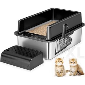 Stainless Steel Cat Litter Box with Lid, XL Extra Large Enclosure Litter Box,High Sided Metal Litter Box with Removable Lid& Scoop,Anti-Leakage,Non-Sticky, Easy Cleaning(Black)