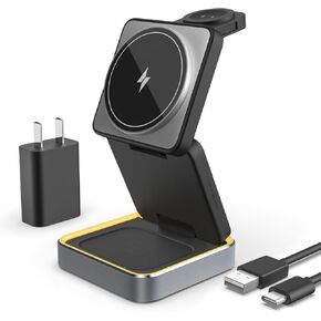 3-in-1 Magnetic Wireless Charger Compatible with iPhone 16/15/14/All Series, Apple Watch, QI-Enabled Android, Magsafe Fast Charging Dock, Tri-Folding Bracket, Deep Space Black(1.5M USB Charging Cable
