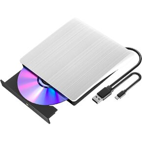 External DVD Drive, CD ROM +/-RW Portable CD Burner, USB 3.0 Type-C CD/DVD Player Writer Reader, External Disc Drive Compatible with Laptop Desktop PC Mac Windows Linux(White)