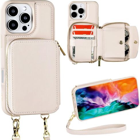 for iPhone 16 Pro Max Wallet Case with Credit Card Holder, Zipper Leather Crossbody Case with Wrist Strap Lanyard for Women Compatible with iPhone 16 Pro Max 6.9" 2024 - Beige in Kuwait