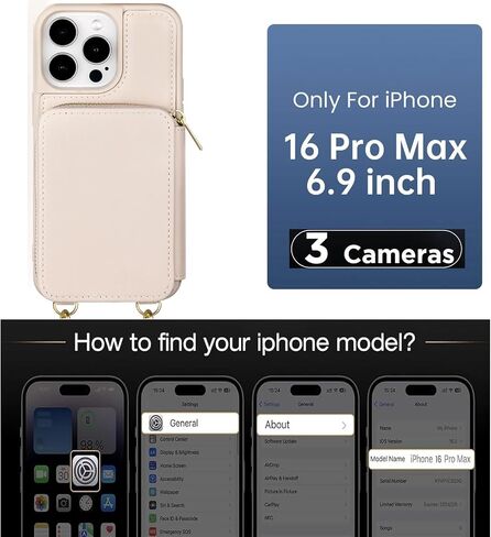 for iPhone 16 Pro Max Wallet Case with Credit Card Holder, Zipper Leather Crossbody Case with Wrist Strap Lanyard for Women Compatible with iPhone 16 Pro Max 6.9" 2024 - Beige in Kuwait