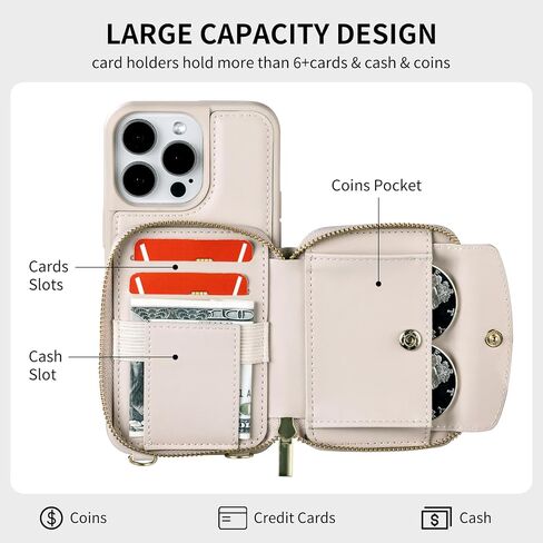 for iPhone 16 Pro Max Wallet Case with Credit Card Holder, Zipper Leather Crossbody Case with Wrist Strap Lanyard for Women Compatible with iPhone 16 Pro Max 6.9" 2024 - Beige in Kuwait
