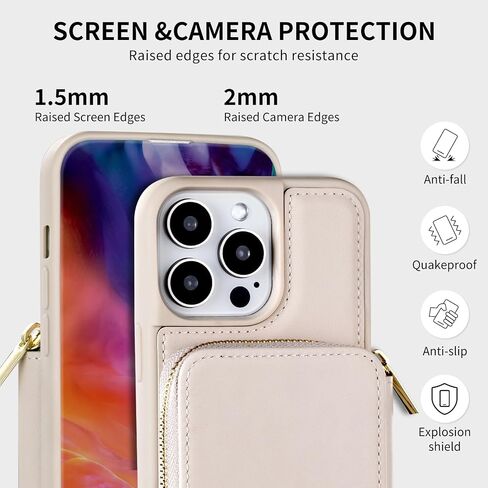for iPhone 16 Pro Max Wallet Case with Credit Card Holder, Zipper Leather Crossbody Case with Wrist Strap Lanyard for Women Compatible with iPhone 16 Pro Max 6.9" 2024 - Beige in Kuwait