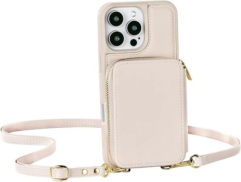 for iPhone 16 Pro Max Wallet Case with Credit Card Holder, Zipper Leather Crossbody Case with Wrist Strap Lanyard for Women Compatible with iPhone 16 Pro Max 6.9" 2024 - Beige in Kuwait