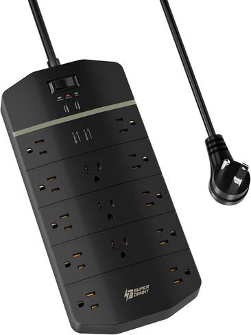 قطاع الطاقة، SUPERDANNY 5000 Joules Surge Protector مع 13 منفذ تيار متردد 2 USB-A و2 USB-C PD 20 وات شحن سريع عالي التحمل 14AWG/3C سلك تمديد من الدرجة الصناعية لمنضدة العمل والمكتب المنزلي باللون الأسود in Kuwait