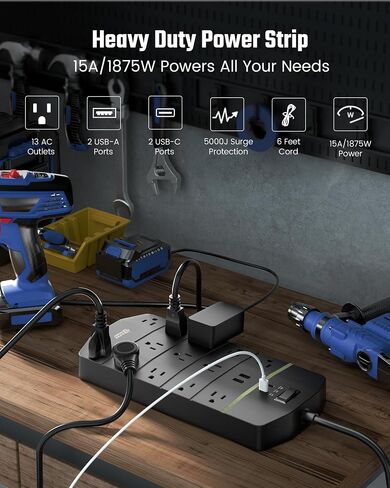 قطاع الطاقة، SUPERDANNY 5000 Joules Surge Protector مع 13 منفذ تيار متردد 2 USB-A و2 USB-C PD 20 وات شحن سريع عالي التحمل 14AWG/3C سلك تمديد من الدرجة الصناعية لمنضدة العمل والمكتب المنزلي باللون الأسود in Kuwait