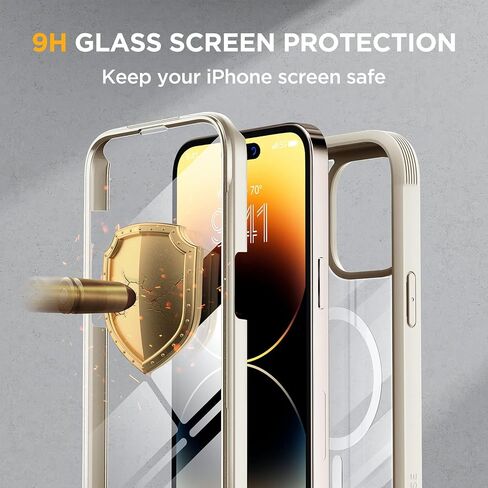 حافظة Miracase لكامل الجسم لهاتف iPhone 14 Pro، [خالية من الفقاعات] [متوافقة مع MagSafe] [واقي شاشة زجاجي مقوى مدمج] حافظة واقية متينة مع واقي عدسة الكاميرا، لون أصفر مغناطيسي in Kuwait