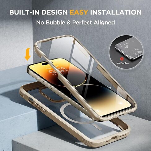 حافظة Miracase لكامل الجسم لهاتف iPhone 14 Pro، [خالية من الفقاعات] [متوافقة مع MagSafe] [واقي شاشة زجاجي مقوى مدمج] حافظة واقية متينة مع واقي عدسة الكاميرا، لون أصفر مغناطيسي in Kuwait
