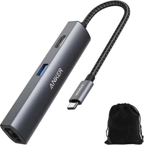 محول Anker USB C Hub، محول USB C 5 في 1 مع 4K USB C إلى HDMI، منفذ إيثرنت، 3 منافذ USB 3.0، لجهاز MacBook Pro، iPad Pro، XPS، Pixelbook، يتضمن حقيبة سفر in Kuwait