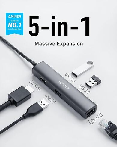 محول Anker USB C Hub، محول USB C 5 في 1 مع 4K USB C إلى HDMI، منفذ إيثرنت، 3 منافذ USB 3.0، لجهاز MacBook Pro، iPad Pro، XPS، Pixelbook، يتضمن حقيبة سفر in Kuwait