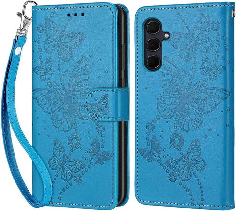 مصمم لهاتف Samsung Galaxy A35 5G، غطاء قابل للطي للسيدات مع حامل من جلد البولي يوريثان المنقوش وفتحات لبطاقات الائتمان وحزام المعصم لهاتف Samsung A35 5G (فراشة زرقاء) in Kuwait