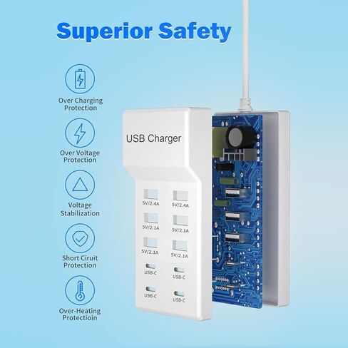 USB C Fast Charger, 10-Port Portable Charging Station, Suitable for Various Devices, Compatible with iPhone, iPad, Samsung, Google, Xiaomi, Huawei and Other USB Charging Devices in Saudi Arabia
