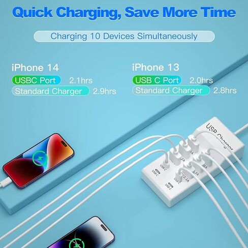 USB C Fast Charger, 10-Port Portable Charging Station, Suitable for Various Devices, Compatible with iPhone, iPad, Samsung, Google, Xiaomi, Huawei and Other USB Charging Devices in Saudi Arabia