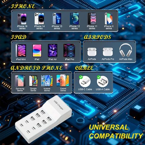 USB C Fast Charger, 10-Port Portable Charging Station, Suitable for Various Devices, Compatible with iPhone, iPad, Samsung, Google, Xiaomi, Huawei and Other USB Charging Devices in Saudi Arabia