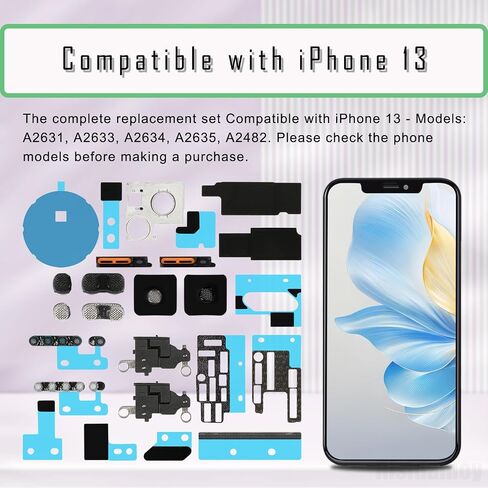 Complete Full Replace Kits Full Bottom Loudspeaker AntiDust Mesh Replacement for iPhone 13 Repair Mic Camera Bracket Net Parts with Motherboard Heat Dissipation Protectionn Sticker Sets in Saudi Arabia