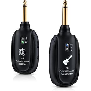 A8-2 Wireless Guitar System UHF Audio Wireless Transmitter Receiver for Acoustic Guitar Bass Violin Keyboard Electric Instrument 2 Modes Built-in Rechargeable Battery, 2 Transmitter + 1 Receiver