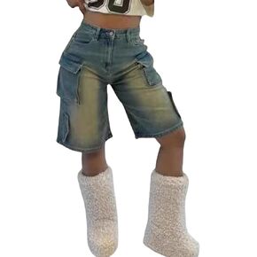 YOOTIKO Womens Bermuda Jean Shorts High Waisted Ripped Pocket Summer Denim Cargo Shorts Streetwear