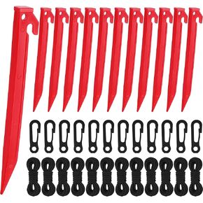 ADXCO 36 Pieces Plastic Inflatable Stakes Set Include Halloween Christmas Stake Anchor Plastic Yard Stakes, Garden Tent Stake Tethers Ropes and Hooks for Ground Garden Inflatables Accessories, Red