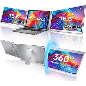 FOPO 15.6 Triple Laptop Screen Extender, Left Screen 360° Rotation Laptop Monitor Extender, Plug and Play Triple Monitor for 12-18.5" Laptops with USB-C/HDMI, for Windows/Mac(M1/M2/M3) Pro/Max - S10