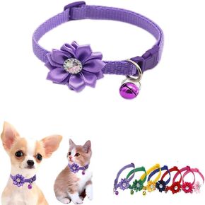 Cat Collar with Bell, Flower Decoration XS Dog Collar Girl Cute Fancy Puppy Collar with Bell for XXS XS Kitten Pet Bitch, Neck 7-12 inches (Light Blue, Neck 7-12")