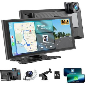 Volam 9.26'' Wireless Carplay Screen for Car with 4K Dash Cam, 1080p Backup Camera, Portable Car Stereo with A-pple Carplay Android Auto, Mirror Link, Loop Recording, GPS Navigation, AUX/FM