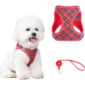 No Pull Dog Harness and Leash Set for Medium Dogs Puppy Cats Ajustable Christmas Plaid Dog Vest Harness Soft Mesh Reflective Step-in Harness for Walking Red M