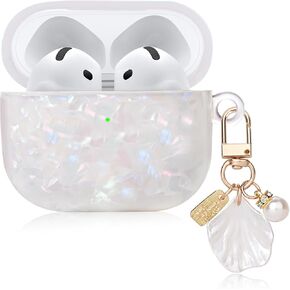 Cute Case for AirPod 4 with Shell Pearl Keychain, Bling Marble Design Hard TPU Cover [Active Noise Cancellation] for AirPods 4th Generation 2024 Released