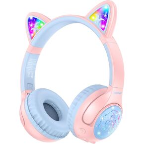 TECKNET Cat Ear Kids Bluetooth Headphones, Kids Headphones Wireless 70H Playtime, 74/85/94dB Volume Limiting, Bluetooth 5.3, Built-in Mic, LED Light-Up, Ideal for iPad, PC, School, Travel, Gift