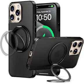 Two Ring Grip Stand Phone Case for iPhone 15 Pro, Magnetic Kickstand Case Compatible with MagSafe, All-Round Protective Cover Case, Invisible Airbags, Camera Protection, Slim, Black