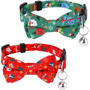 2pcs Christmas Bow Tie Cat Collar with Bells, Snowman Cat Collar Xmas Accessories for Cats Holiday Kitten Collar Red and Green Adjustable Breakaway Cat Collars for Pets in Kuwait
