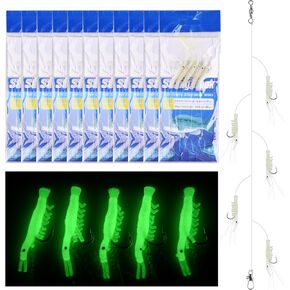 10 Packs Fishing Shrimp Lure Rigs Kit - Glow in The Dark Fishing Lures Bait Rig Tackle with Fishing Hooks for Freshwater Saltwater