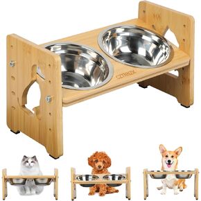 Elevated Dog Bowls, Adjustable Raised Dog Bowls Stand for Small Size Dogs and Cats, Durable Bamboo Dog Feeder with 2 Stainless Steel Bowls and Non-Slip Feet