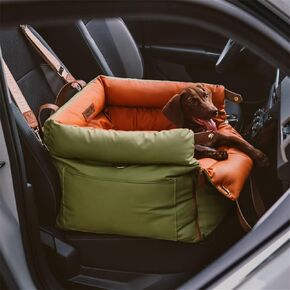 FUNNYFUZZY Dog Car Seat for Small Dogs, Waterproof Dog Car Bed with Storage Pocket, Safety Clip-On Dogs Leash, Detachable Portable Pet Carseat Puppy Travel Carrier Bed (Orange Green)