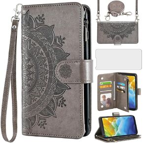 Asuwish Phone Case for LG Stylo 4 Wallet Cell Cover with Screen Protector Lanyard Wrist Strap Mandala Flower Zipper Card Holder Stylo4 Plus LGstylo4 Sylo4 Style 04 4+ Q Stylus Alpha Stlo4 Girls Red