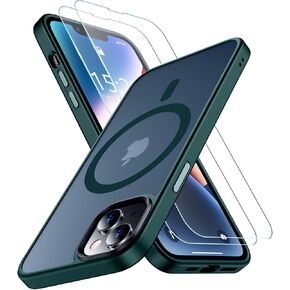 SPIDERCASE Designed for iPhone 13 Case, [Military-Grade Drop Tested][with 2 pcs Tempered Glass Screen Protector] [Compatible with Magsafe][Soft Silky Touch] Slim Protective iPhone 13 Case-Green