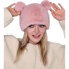 JUMISEE Cute Plush Bear Ear Beanie Hats for Women Girls Fuzzy Faux Fur Warm Winter Hat Skull Cap