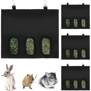 4Pcs Rabbit Hay Feeder Bag, 3 Hole Hay Bag for Rabbits, Guinea Pig Hay Feeder, Small Animal Hanging Hay Feeder for Rabbits Bunny Chinchillas Hamsters and Other Small Pets (Black)
