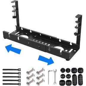 No Drilling Extendable Under Desk Cable Management Tray |21.6" Retractable Cable Raceway Cord Organizer with Clamp Mount |Metal Wire Cable Holder for Desks, Computer Table