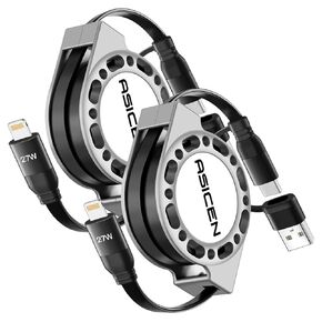 كابل شحن 3 في 1 قابل للسحب USB C Lightning محول USB A/C إلى كابل Lightning 27W PD [شحن سريع ومزامنة البيانات] شاحن متعدد لهاتف iPhone 14 13 12 11 Xs X SE 8 7 6 5s Plus، iPad، iPod