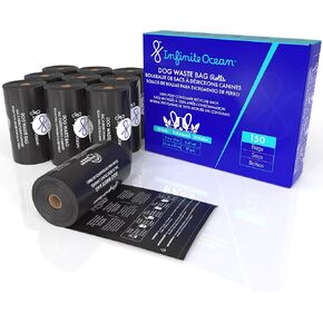 100% Post-Consumer Recycled Poop Bags for Dogs, 150 Infinite Ocean Dog Waste Bags, Odor-Proof, Leak-Proof, Extra-Thick Black Refill Rolls, Unscented, Doggie, Doggy, Puppy Bags