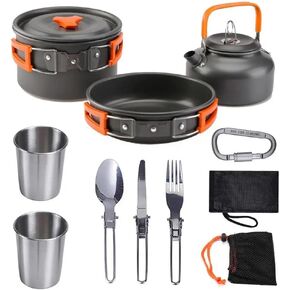 8pcs/set-Portable Camping Cookware Kit Outdoor Pot Pan Kettle Portable Cookware Set for Outdoor Cooking Camping Tableware Hiking Picnic, Large, Orange