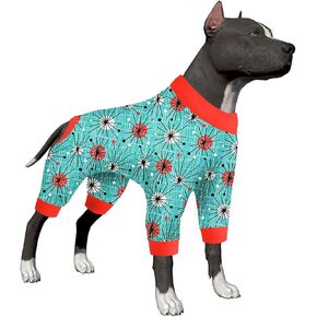 LovinPet Pitbull Pjs for Dogs - Anti Licking & Anxiety Calming Dog Shirt, Lightweight Stretchy Fabric, Atomic Turquoise Print, Large Dog Pjs, Pitbull Clothes, Dog Costume, Dog Party Outift,Red 3XL