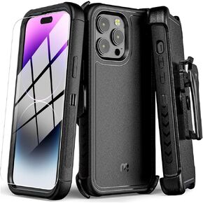M MYBAT PRO Shockproof Maverick Series Case for iPhone 14 Pro Case with Belt Clip Holster and Tempered Glass, 6.1", Heavy Duty Military Grade Drop Protective Case with 360° Rotating Kickstand-Black