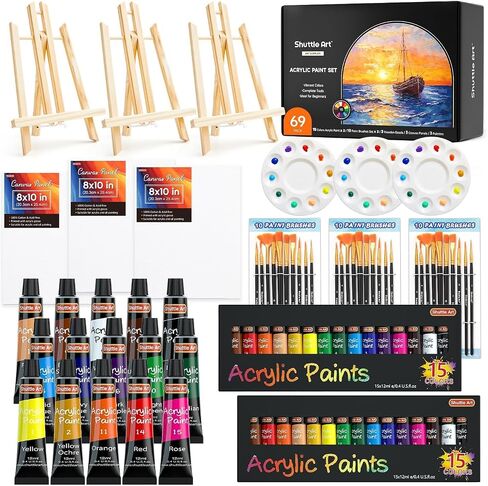 Shuttle Art 87 Pack Acrylic Paint Set, Painting Kit with 3 Pack of 15 Colors Acrylic Paint, 3 Sets of Wooden Easels, Canvas, Brushes & Palettes, Art Painting Supplies Kit for Adults Kids Beginner in Saudi Arabia