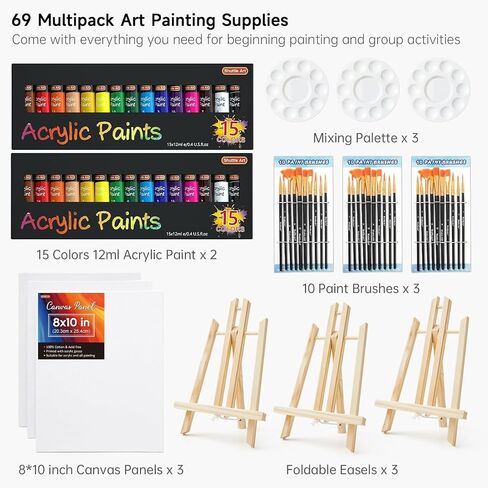 Shuttle Art 87 Pack Acrylic Paint Set, Painting Kit with 3 Pack of 15 Colors Acrylic Paint, 3 Sets of Wooden Easels, Canvas, Brushes & Palettes, Art Painting Supplies Kit for Adults Kids Beginner in Saudi Arabia
