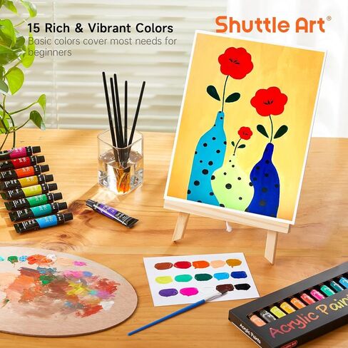Shuttle Art 87 Pack Acrylic Paint Set, Painting Kit with 3 Pack of 15 Colors Acrylic Paint, 3 Sets of Wooden Easels, Canvas, Brushes & Palettes, Art Painting Supplies Kit for Adults Kids Beginner in Saudi Arabia