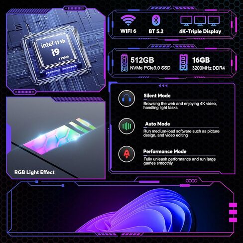 كمبيوتر ألعاب صغير من ACEMAGIC i9، معالج i9-11900H (يصل إلى 4.9 جيجا هرتز)، كمبيوتر صغير للألعاب، ذاكرة وصول عشوائي 16 جيجابايت، 512 جيجابايت NVME SSD، كمبيوتر مكتبي صغير مع 3 أوضاع/RGB/مراوح مزدوجة/WiFi 6/BT5.2 in Kuwait
