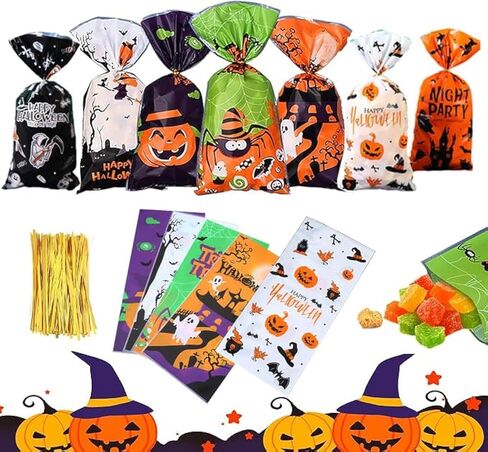 YNGRUE Halloween Cellphane Candy Bags, 100 Pcs Halloween Plastic Clear Treat Bags, Clear Plastic Trick or Treat Bags for Candy Cookie Goodies with Twist Ties for Halloween Party Supplies (7 colors) in Saudi Arabia