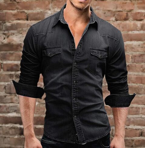 chouyatou Men's Western Long Sleeve Button Down Comfort Distressed Denim Shirts in Saudi Arabia
